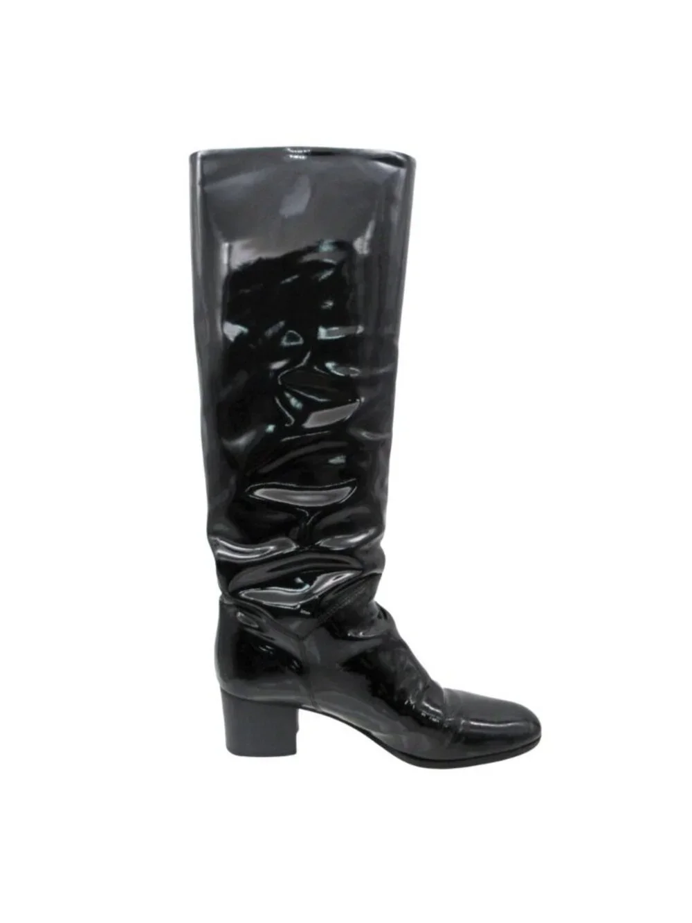 Chanel Boots Long Enamel Patent Leather CC Logo Shoes Black